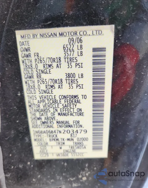 2007 Nissan Titan Xe from USA, damaged, VIN 1N6BA06B47N203479